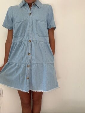 MUMU Small Light Wash Denim Button-Front Tiered Mini Dress